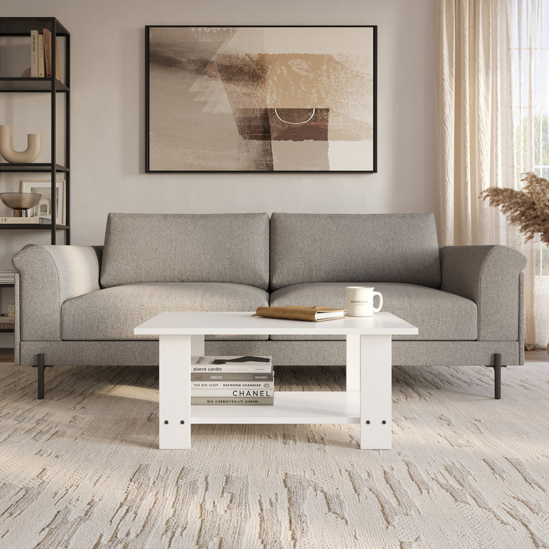 FURLAY Woodland Engineered Wood Coffee Table with Bottom Shelf – 90 x 55 x 40 cm (001, White)